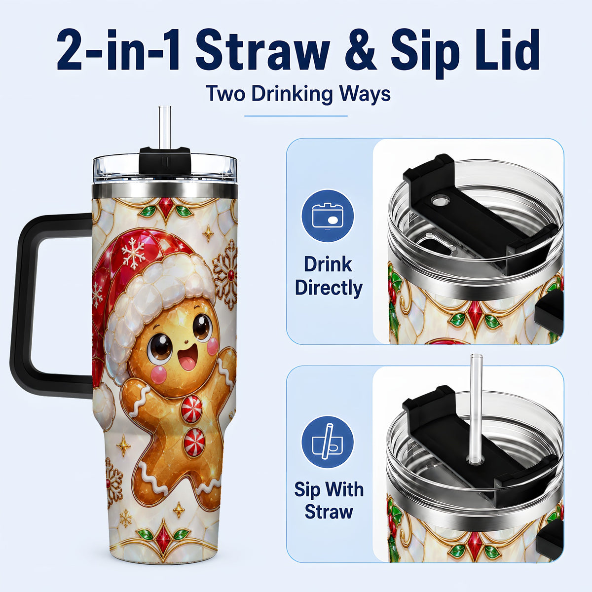 #pl[40oz|Black] Gemstone Gingerbread 40oz Tumbler with Handle, Christmas Travel Cup