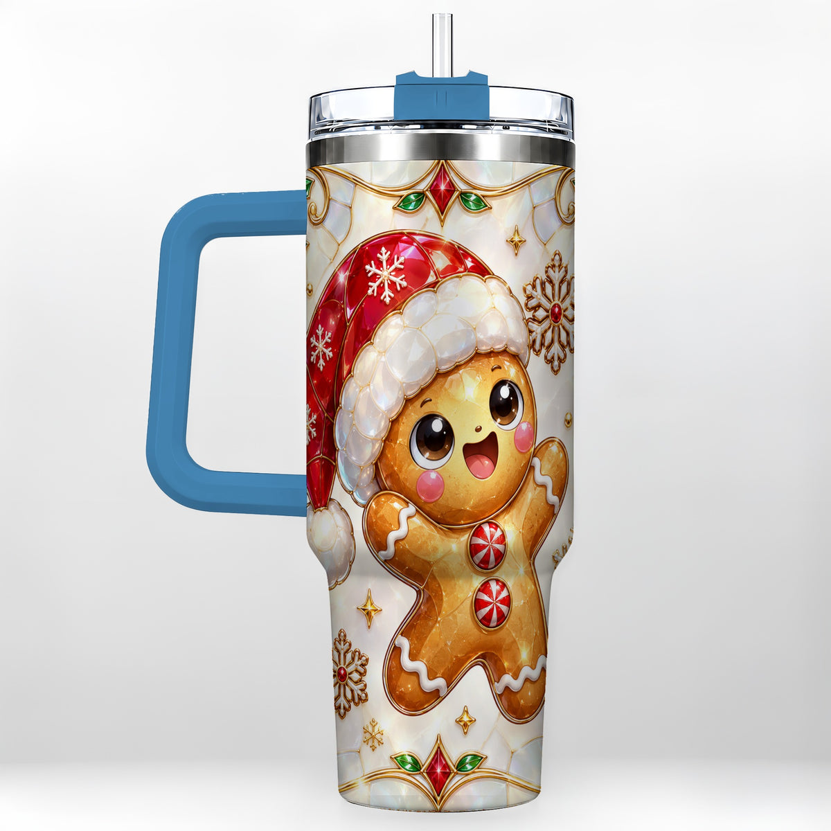 #pl[40oz|Blue] Gemstone Gingerbread 40oz Tumbler with Handle, Christmas Travel Cup