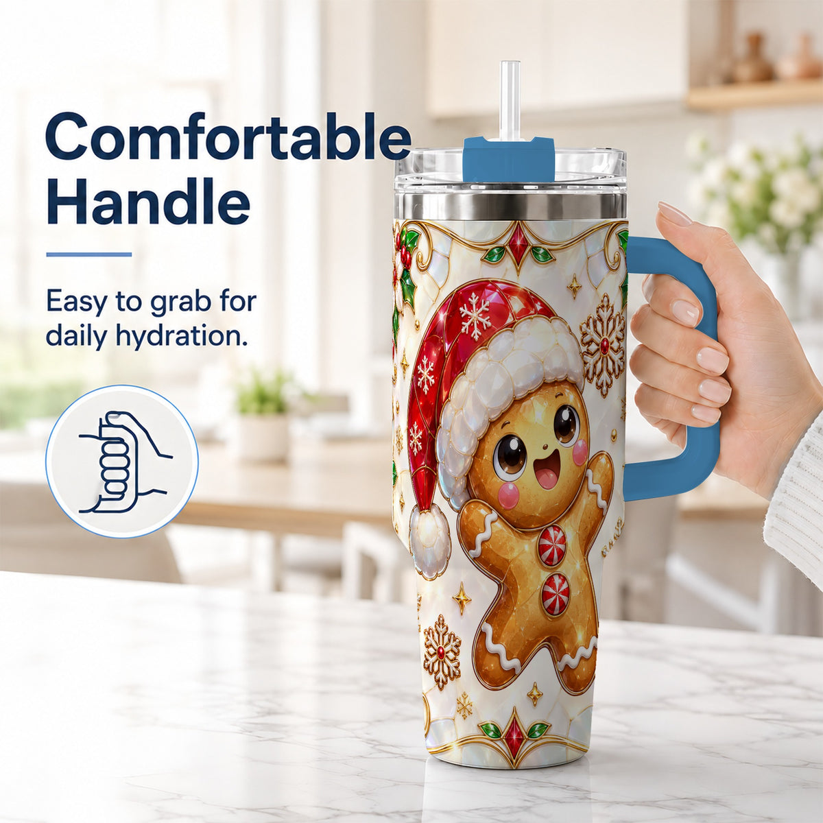 #pl[40oz|Blue] Gemstone Gingerbread 40oz Tumbler with Handle, Christmas Travel Cup