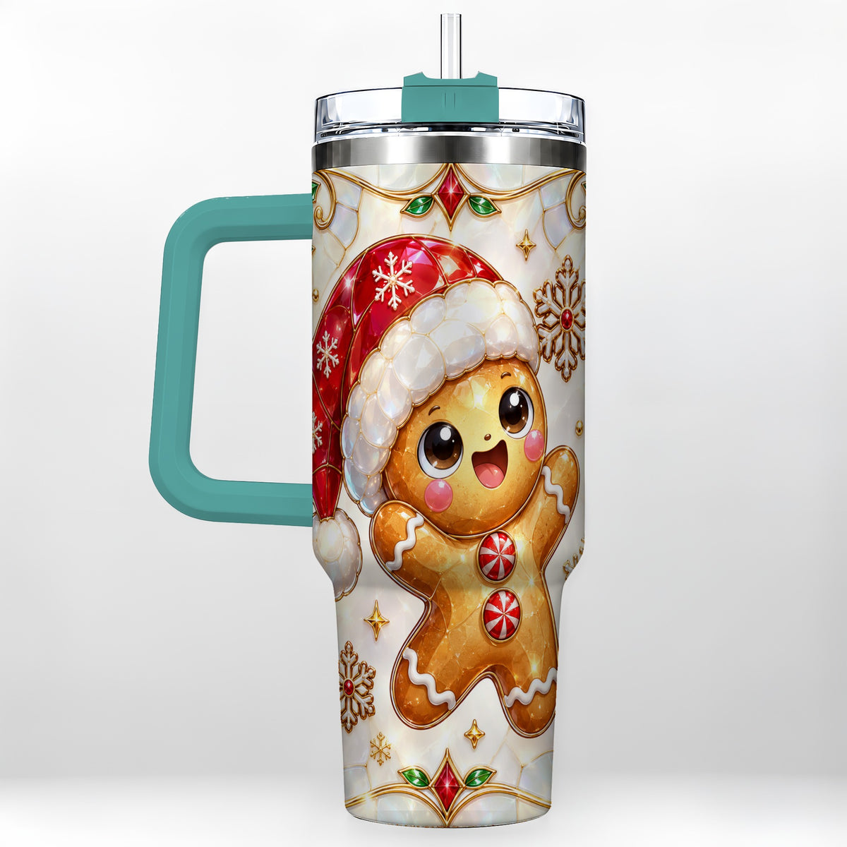 #pl[40oz|Green] Gemstone Gingerbread 40oz Tumbler with Handle, Christmas Travel Cup