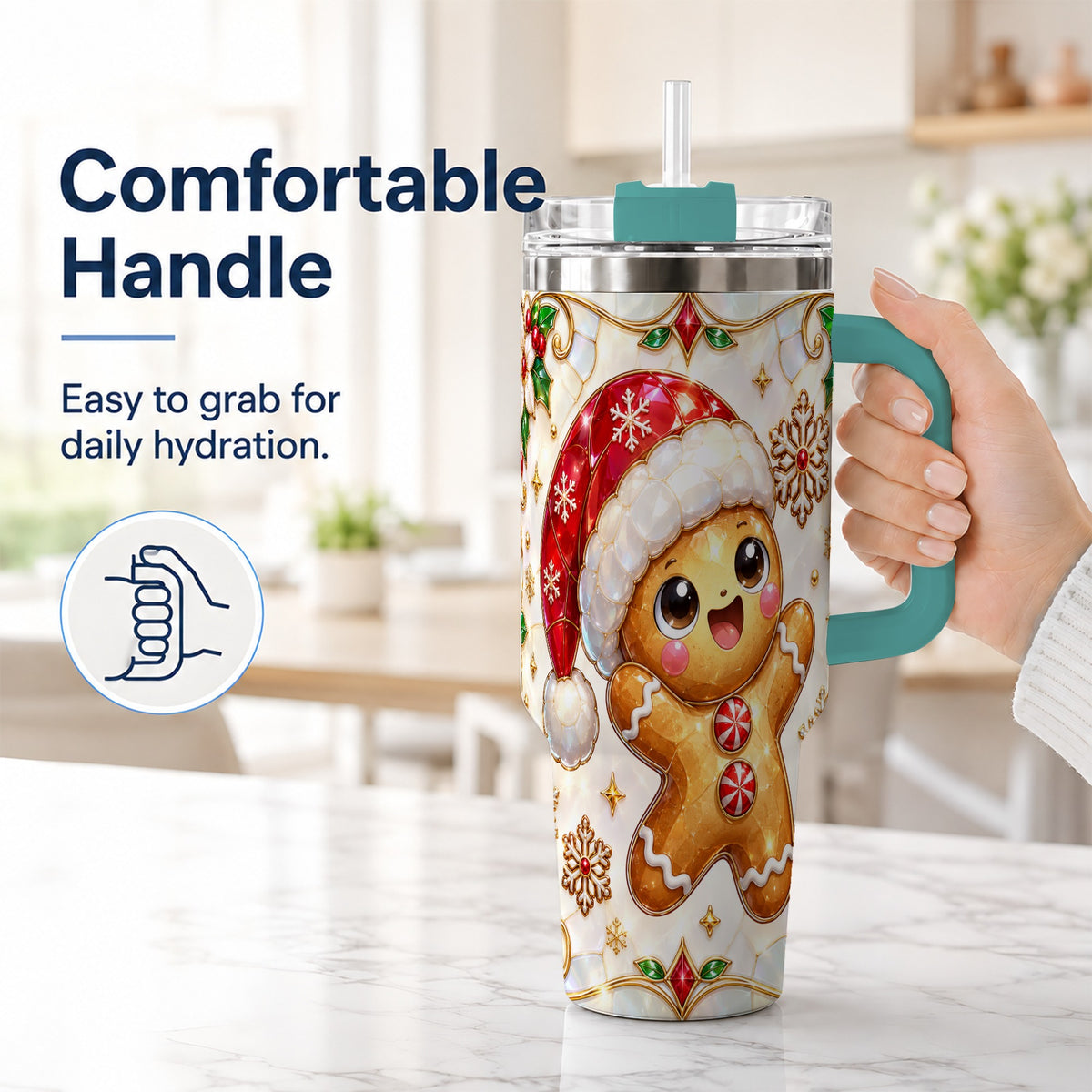 #pl[40oz|Green] Gemstone Gingerbread 40oz Tumbler with Handle, Christmas Travel Cup