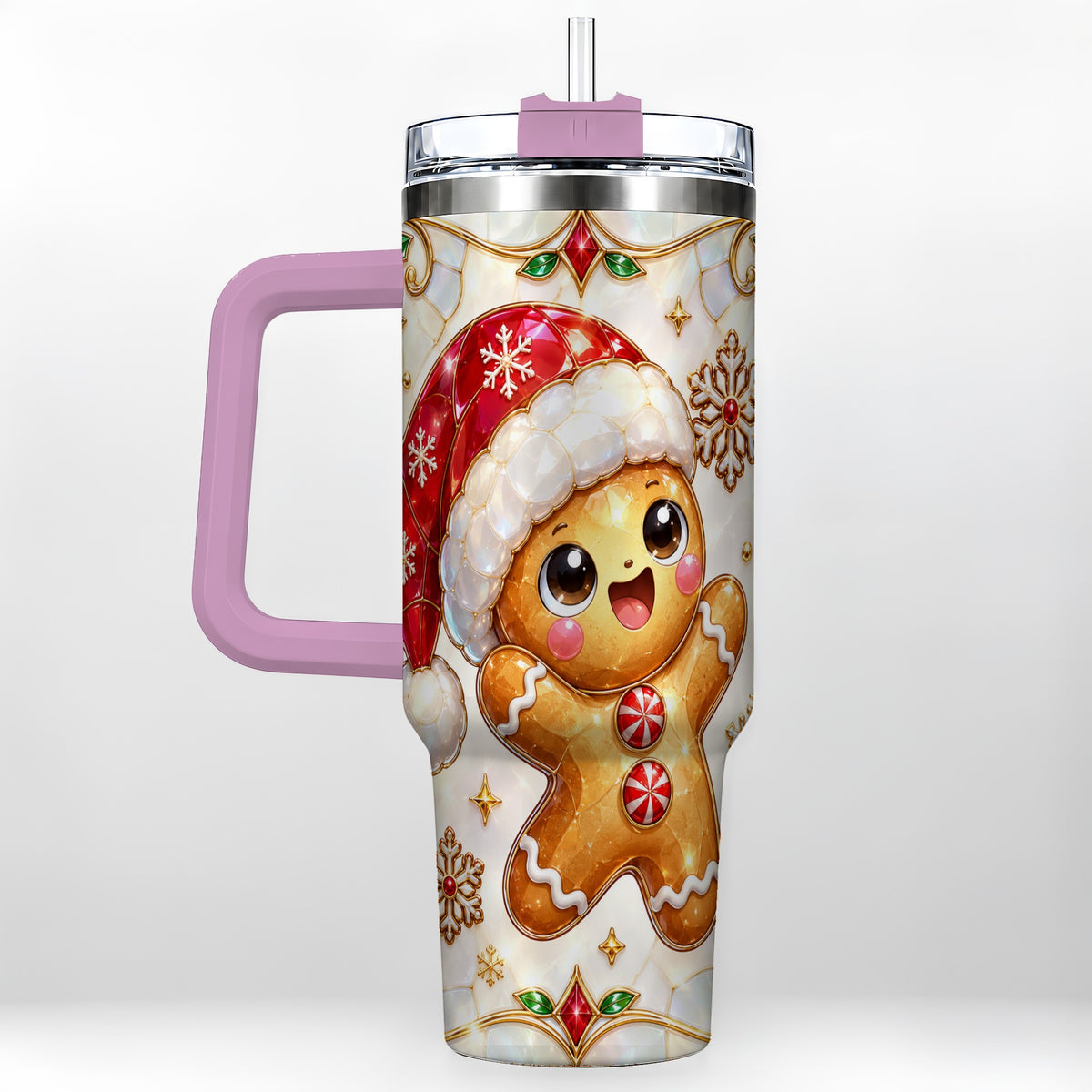 #pl[40oz|Pink] Gemstone Gingerbread 40oz Tumbler with Handle, Christmas Travel Cup