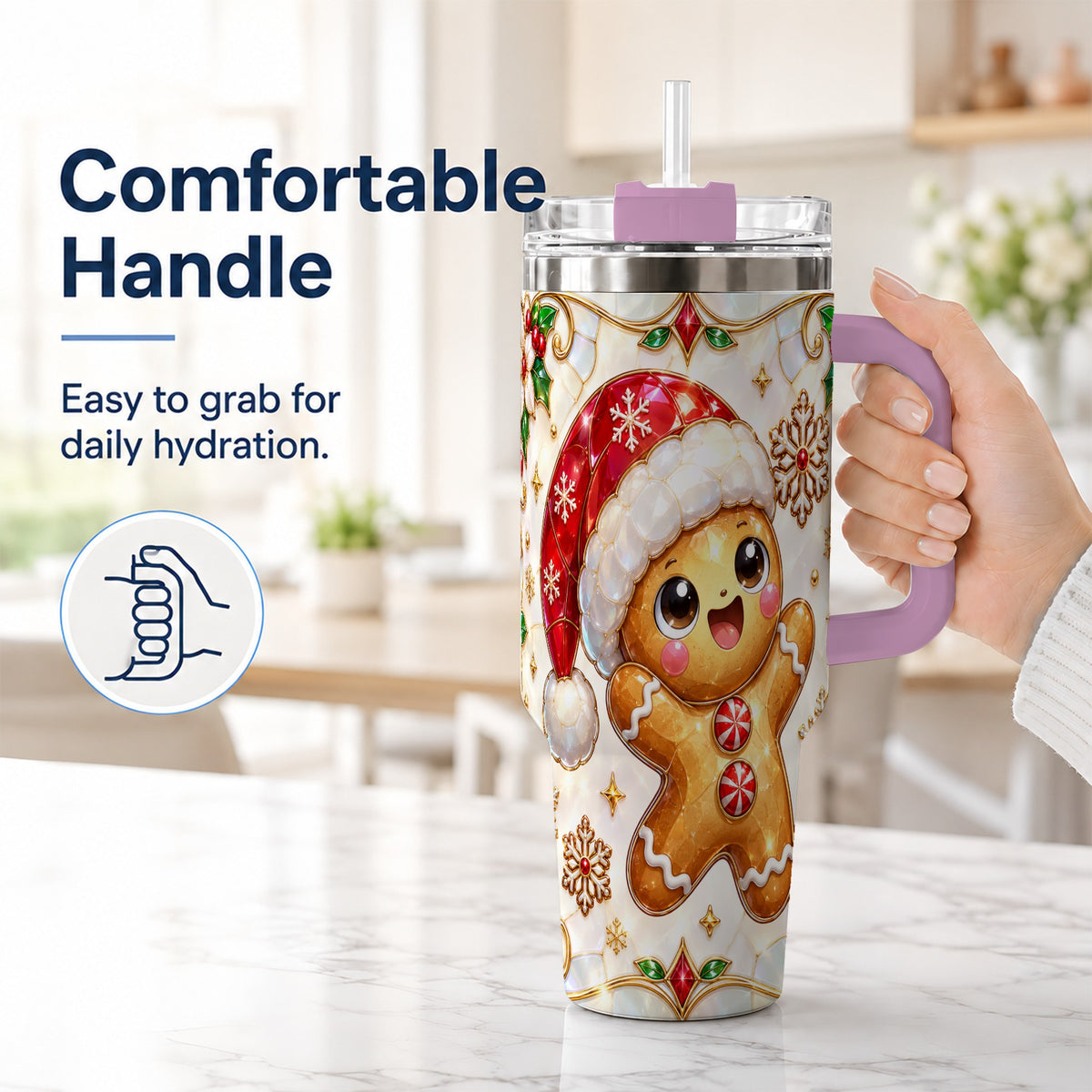 #pl[40oz|Pink] Gemstone Gingerbread 40oz Tumbler with Handle, Christmas Travel Cup