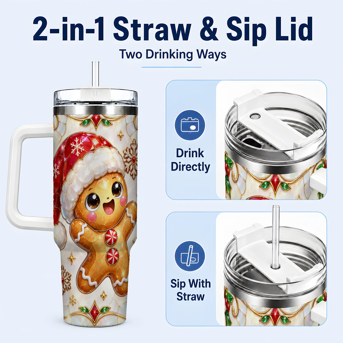 #pl[40oz|White] Gemstone Gingerbread 40oz Tumbler with Handle, Christmas Travel Cup