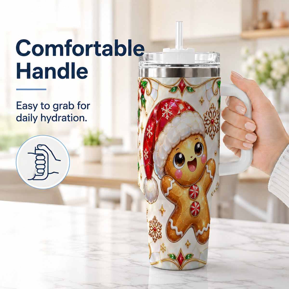 #pl[40oz|White] Gemstone Gingerbread 40oz Tumbler with Handle, Christmas Travel Cup