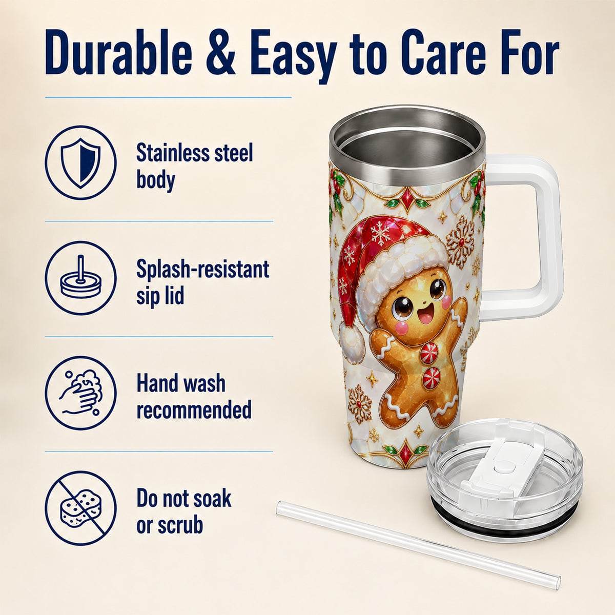 Gemstone Gingerbread 40oz Tumbler with Handle, Christmas Travel Cup