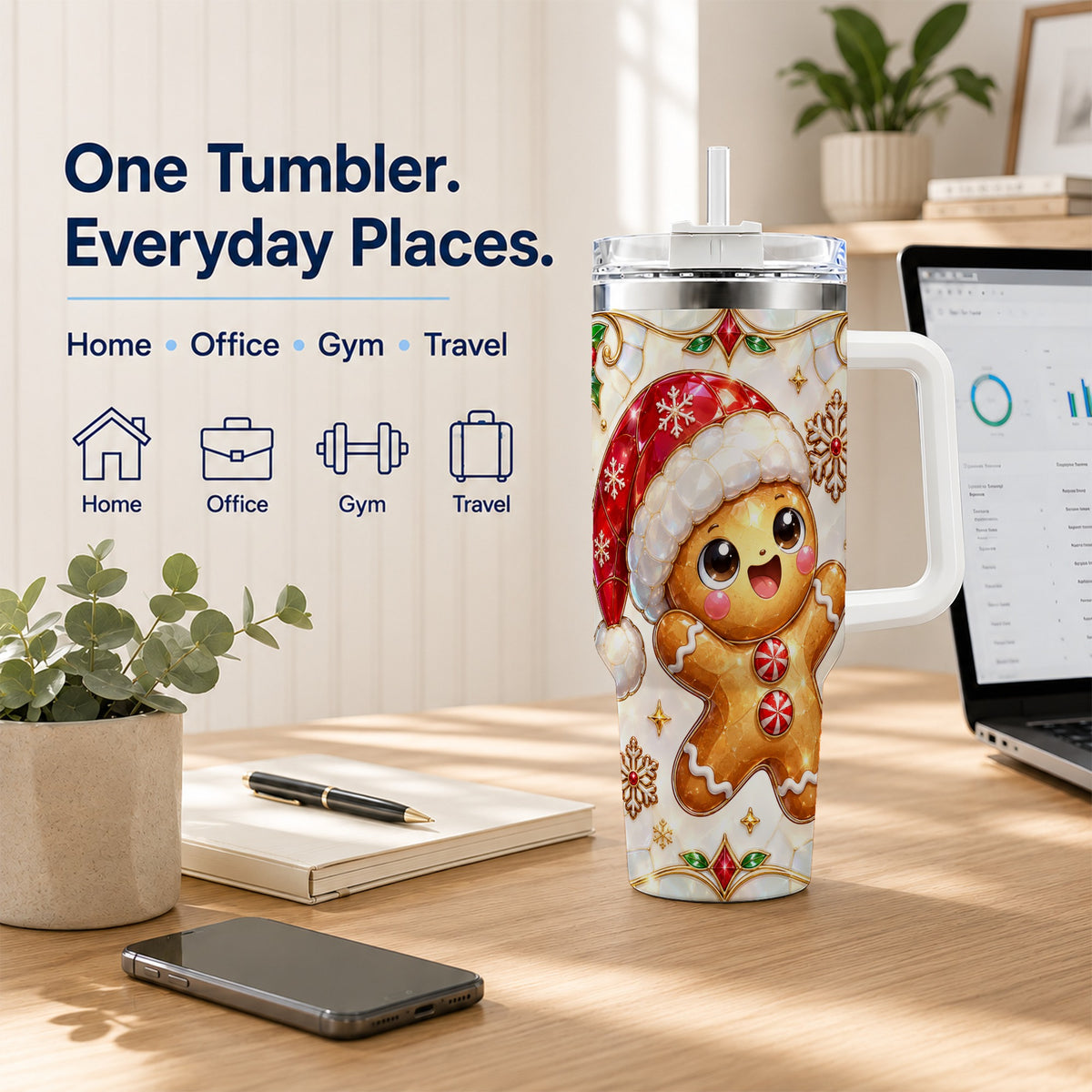 Gemstone Gingerbread 40oz Tumbler with Handle, Christmas Travel Cup