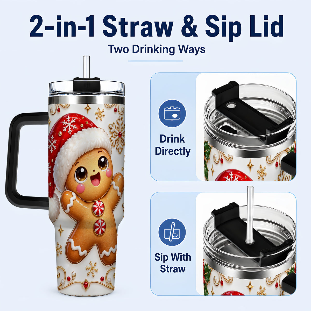 #pl[40oz|Black] Glossy Gingerbread 40oz Tumbler with Handle, Christmas Travel Cup