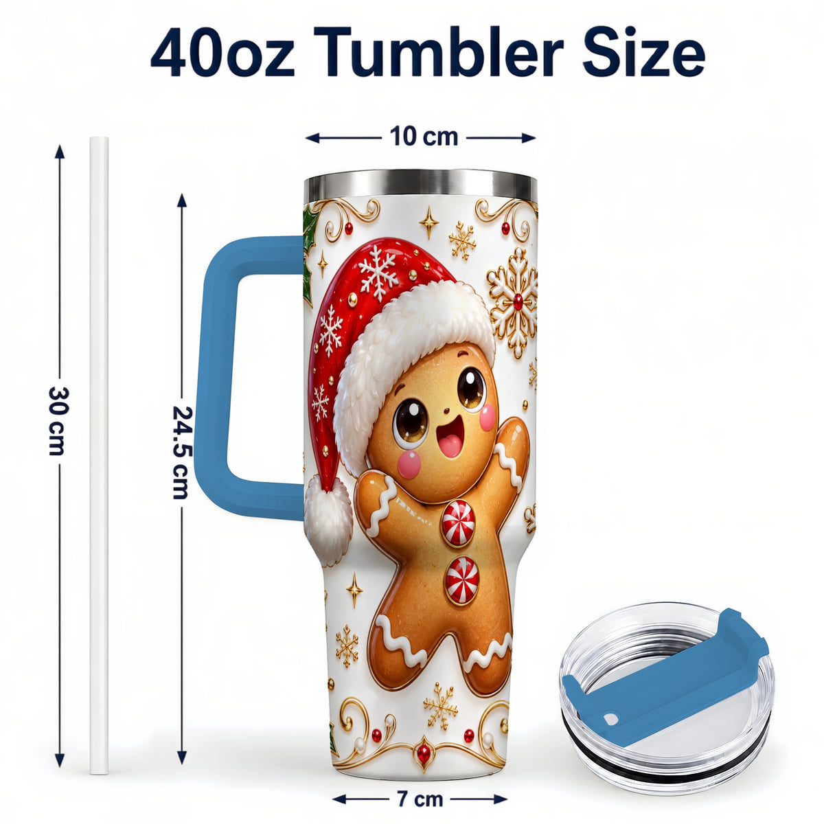 #pl[40oz|Blue] Glossy Gingerbread 40oz Tumbler with Handle, Christmas Travel Cup
