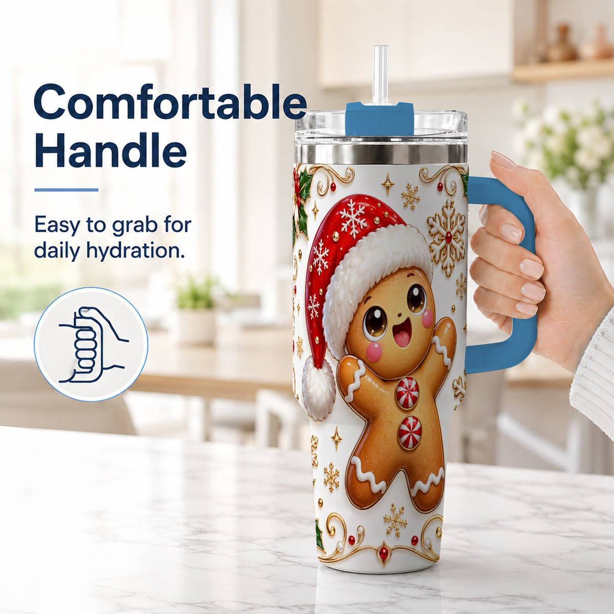 #pl[40oz|Blue] Glossy Gingerbread 40oz Tumbler with Handle, Christmas Travel Cup