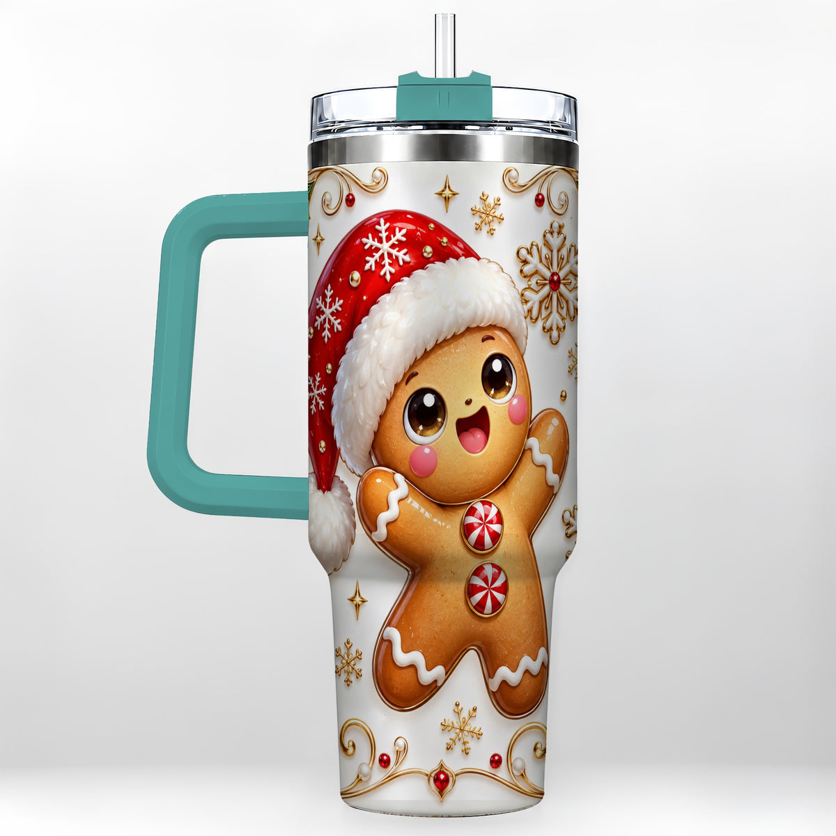 #pl[40oz|Green] Glossy Gingerbread 40oz Tumbler with Handle, Christmas Travel Cup