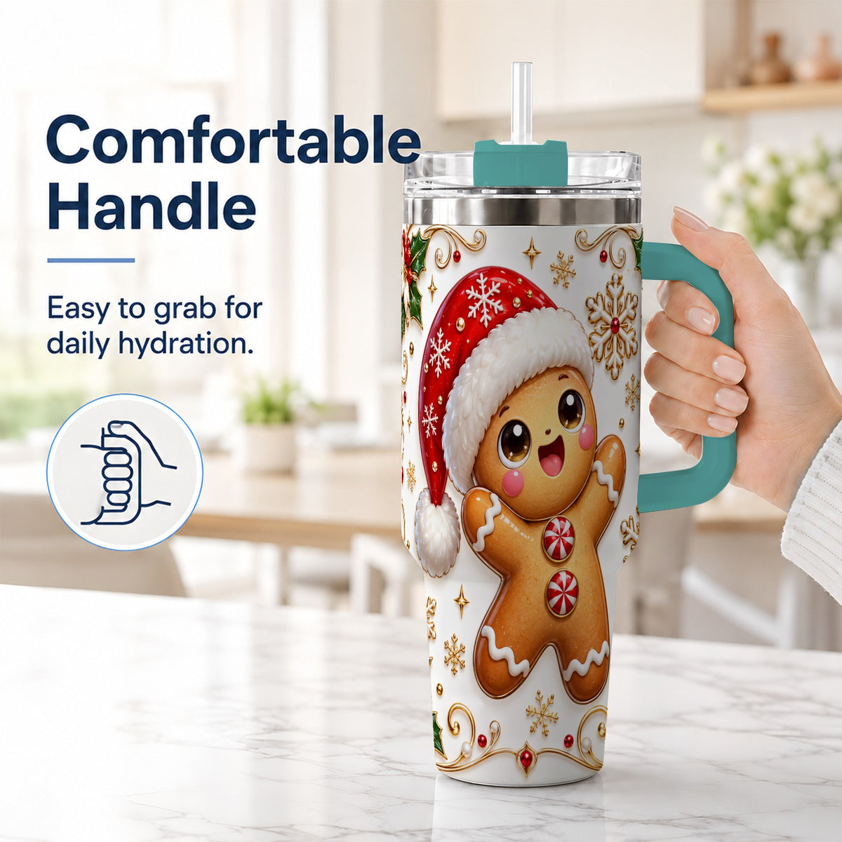 #pl[40oz|Green] Glossy Gingerbread 40oz Tumbler with Handle, Christmas Travel Cup