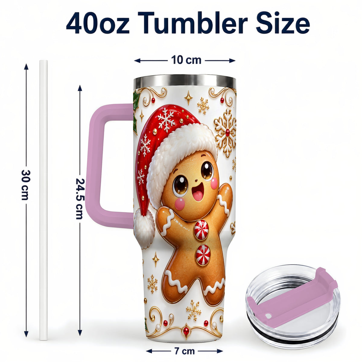 #pl[40oz|Pink] Glossy Gingerbread 40oz Tumbler with Handle, Christmas Travel Cup