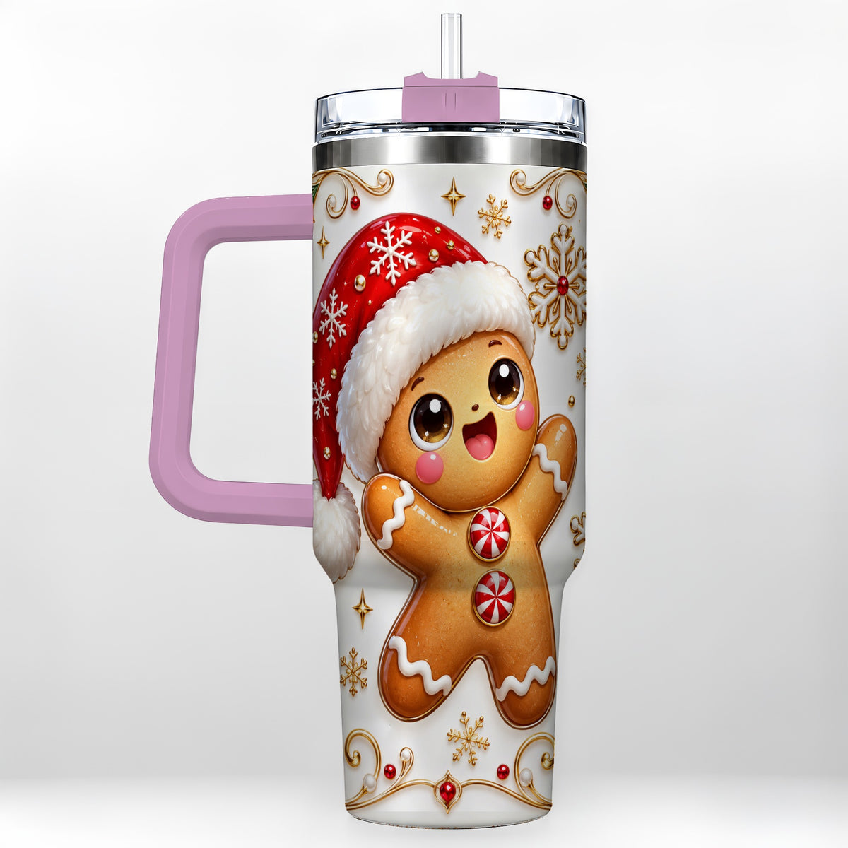 #pl[40oz|Pink] Glossy Gingerbread 40oz Tumbler with Handle, Christmas Travel Cup