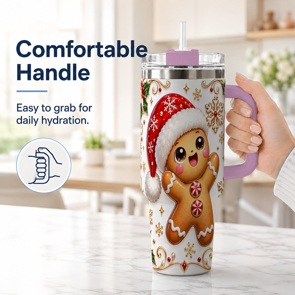 #pl[40oz|Pink] Glossy Gingerbread 40oz Tumbler with Handle, Christmas Travel Cup