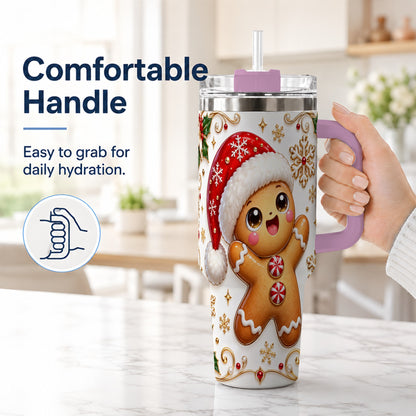 #pl[40oz|Pink] Glossy Gingerbread 40oz Tumbler with Handle, Christmas Travel Cup