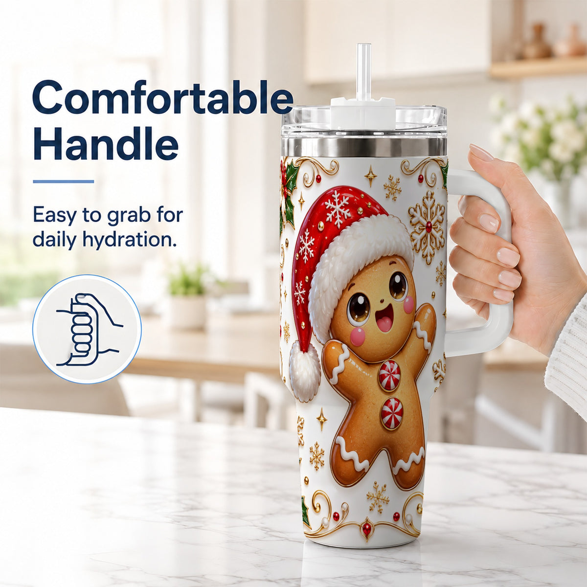 #pl[40oz|White] Glossy Gingerbread 40oz Tumbler with Handle, Christmas Travel Cup