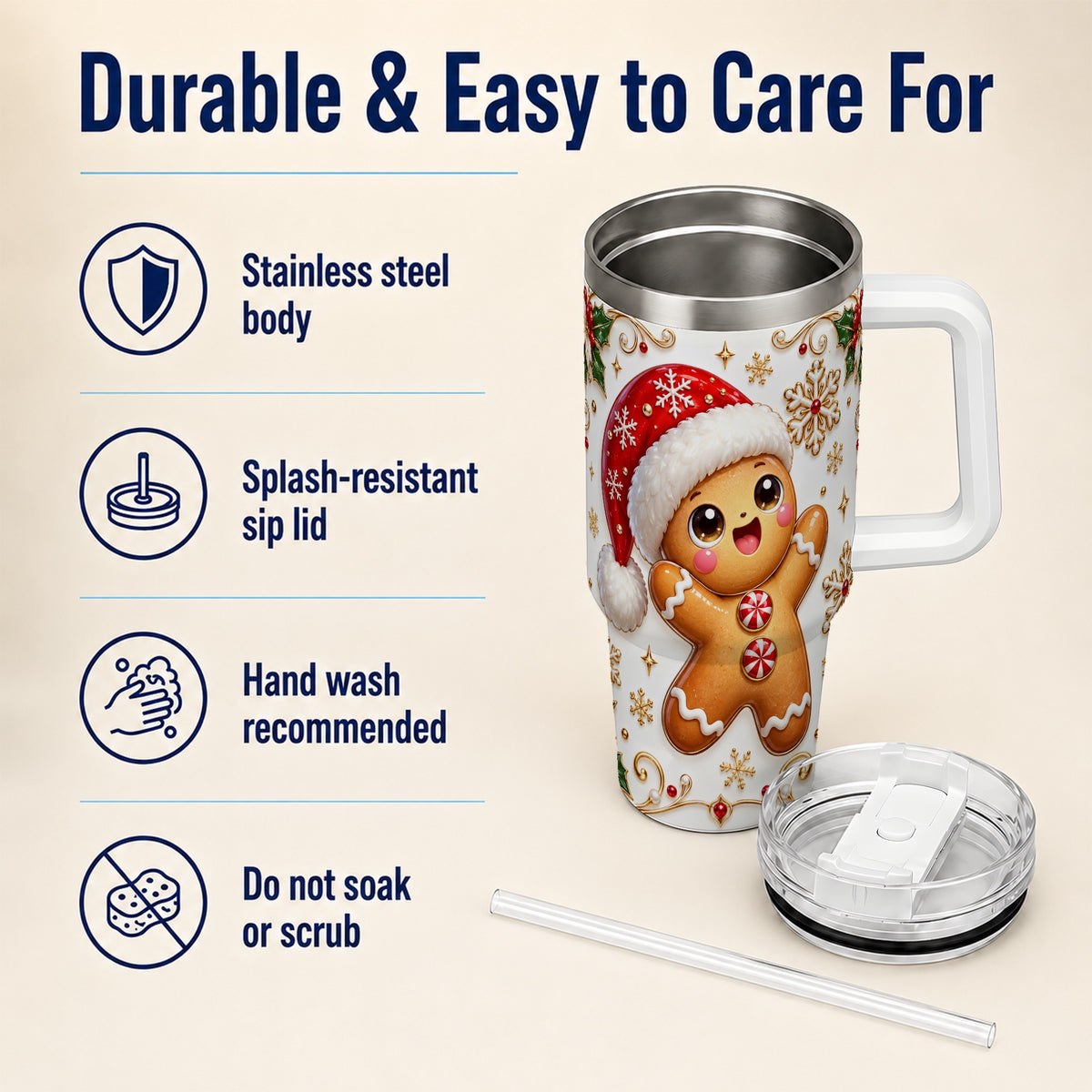 Glossy Gingerbread 40oz Tumbler with Handle, Christmas Travel Cup