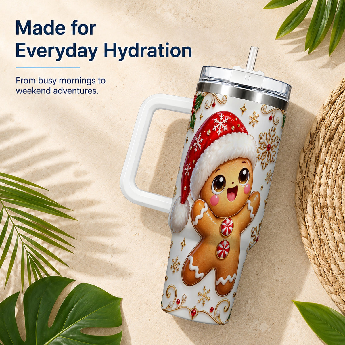 Glossy Gingerbread 40oz Tumbler with Handle, Christmas Travel Cup