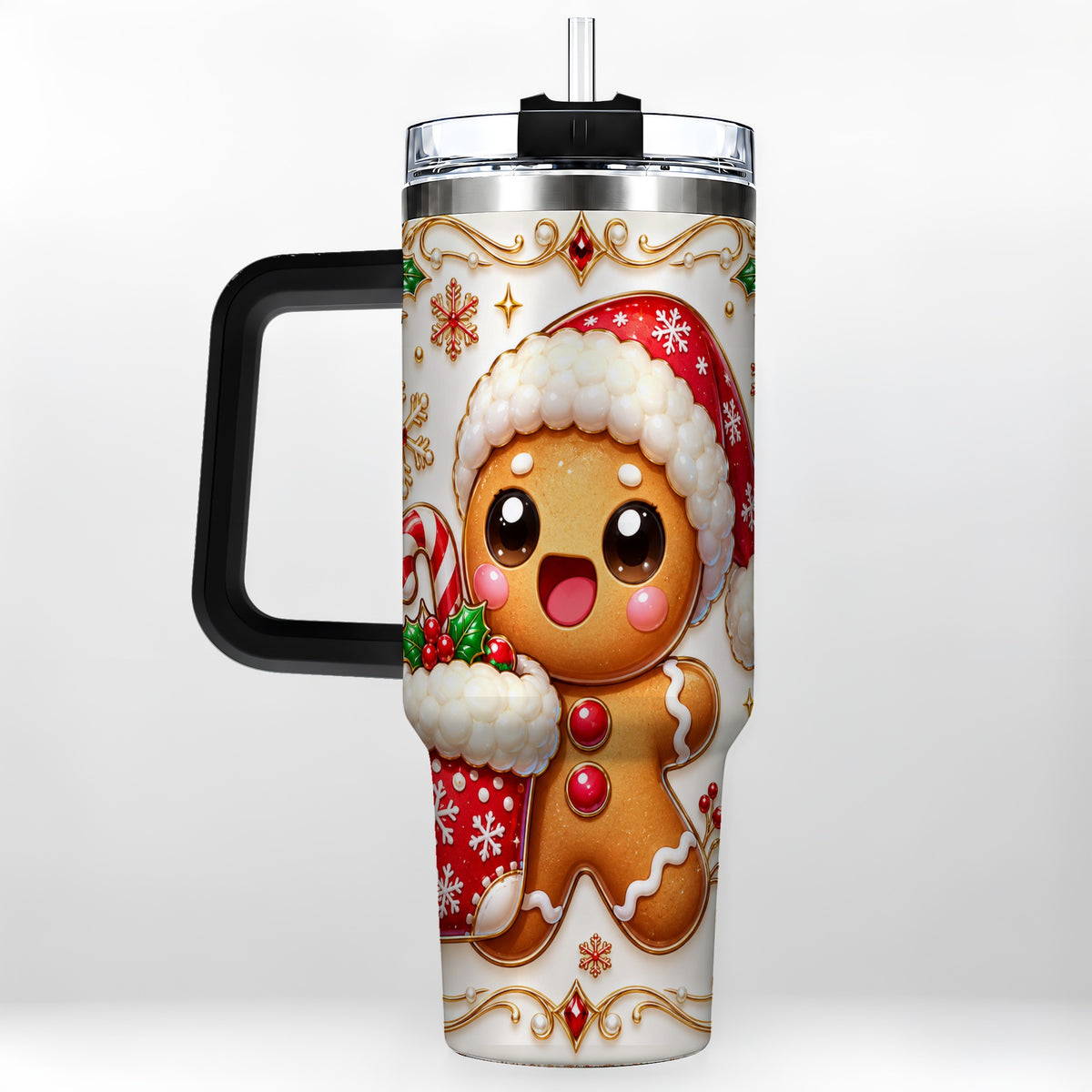 #pl[40oz|Black] Stocking Gingerbread 40oz Tumbler with Handle, Christmas Travel Cup