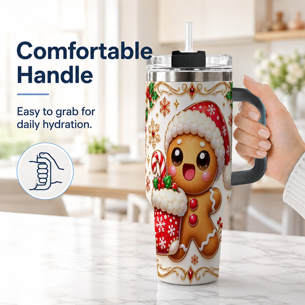 #pl[40oz|Black] Stocking Gingerbread 40oz Tumbler with Handle, Christmas Travel Cup