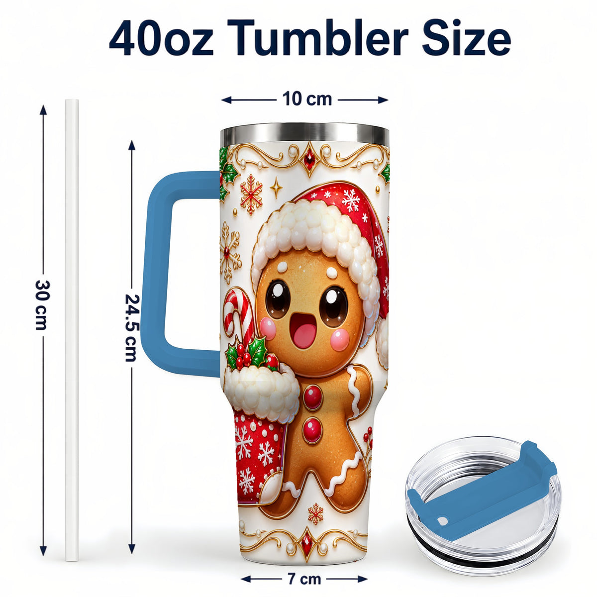 #pl[40oz|Blue] Stocking Gingerbread 40oz Tumbler with Handle, Christmas Travel Cup