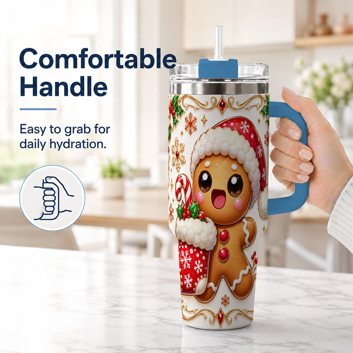 #pl[40oz|Blue] Stocking Gingerbread 40oz Tumbler with Handle, Christmas Travel Cup