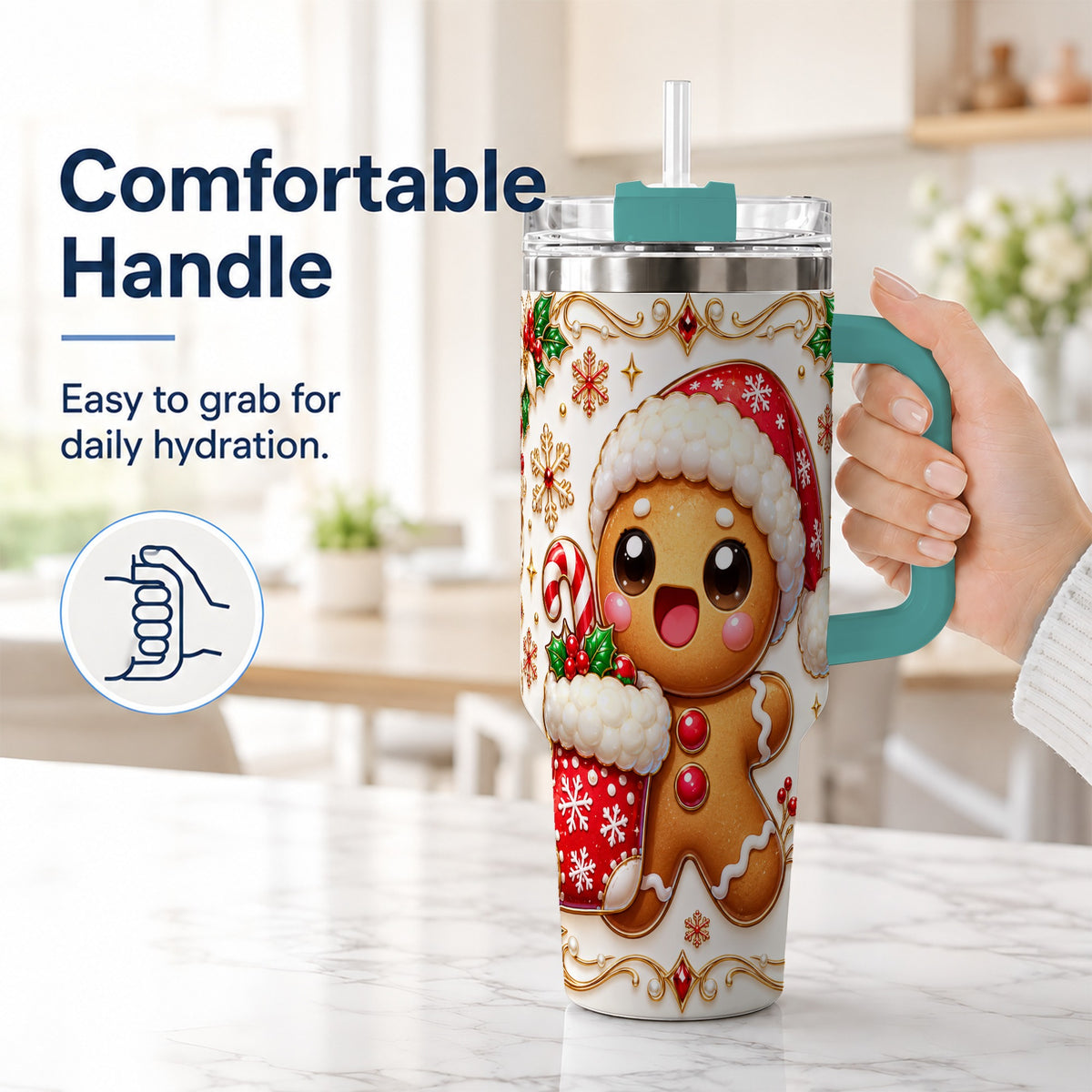 #pl[40oz|Green] Stocking Gingerbread 40oz Tumbler with Handle, Christmas Travel Cup