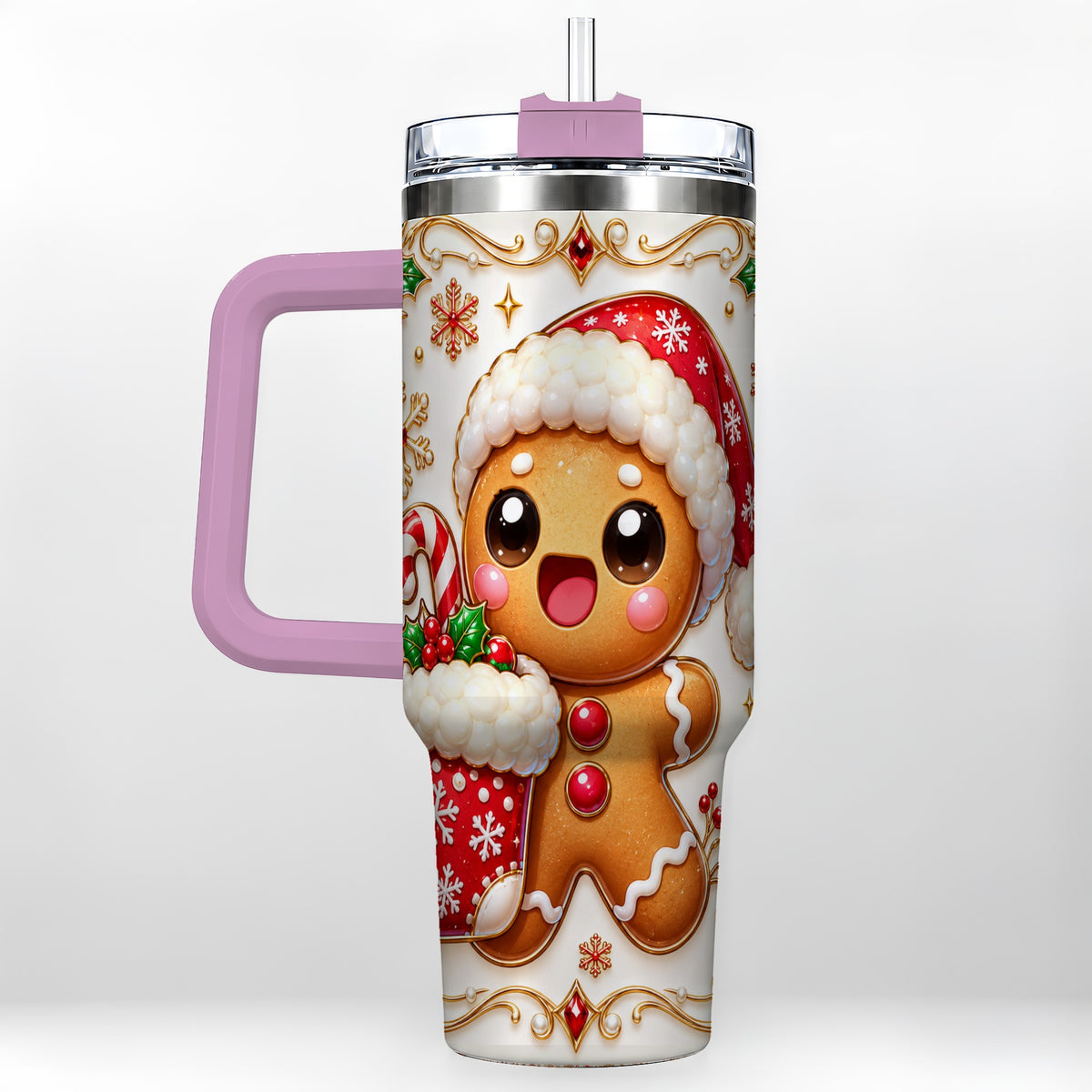 #pl[40oz|Pink] Stocking Gingerbread 40oz Tumbler with Handle, Christmas Travel Cup