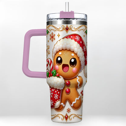 #pl[40oz|Pink] Stocking Gingerbread 40oz Tumbler with Handle, Christmas Travel Cup