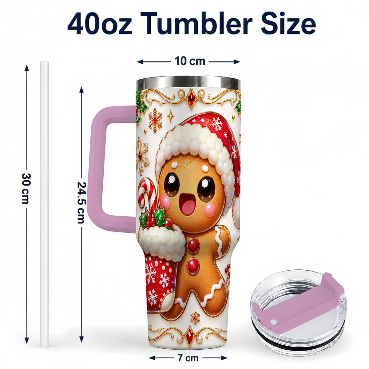 #pl[40oz|Pink] Stocking Gingerbread 40oz Tumbler with Handle, Christmas Travel Cup