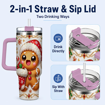 #pl[40oz|Pink] Stocking Gingerbread 40oz Tumbler with Handle, Christmas Travel Cup