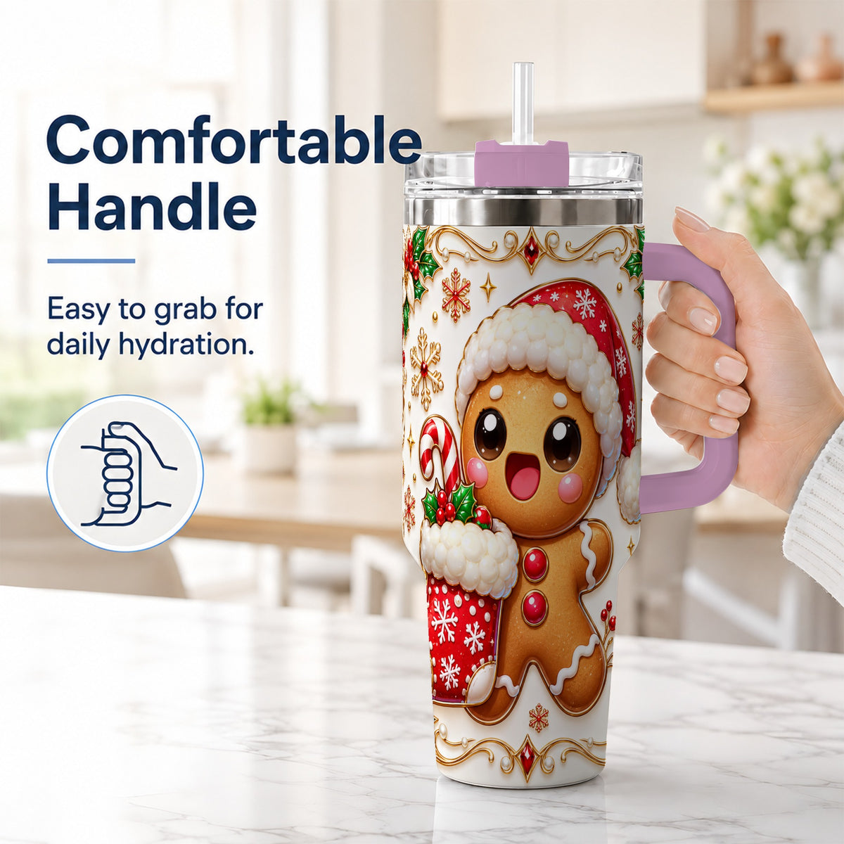 #pl[40oz|Pink] Stocking Gingerbread 40oz Tumbler with Handle, Christmas Travel Cup