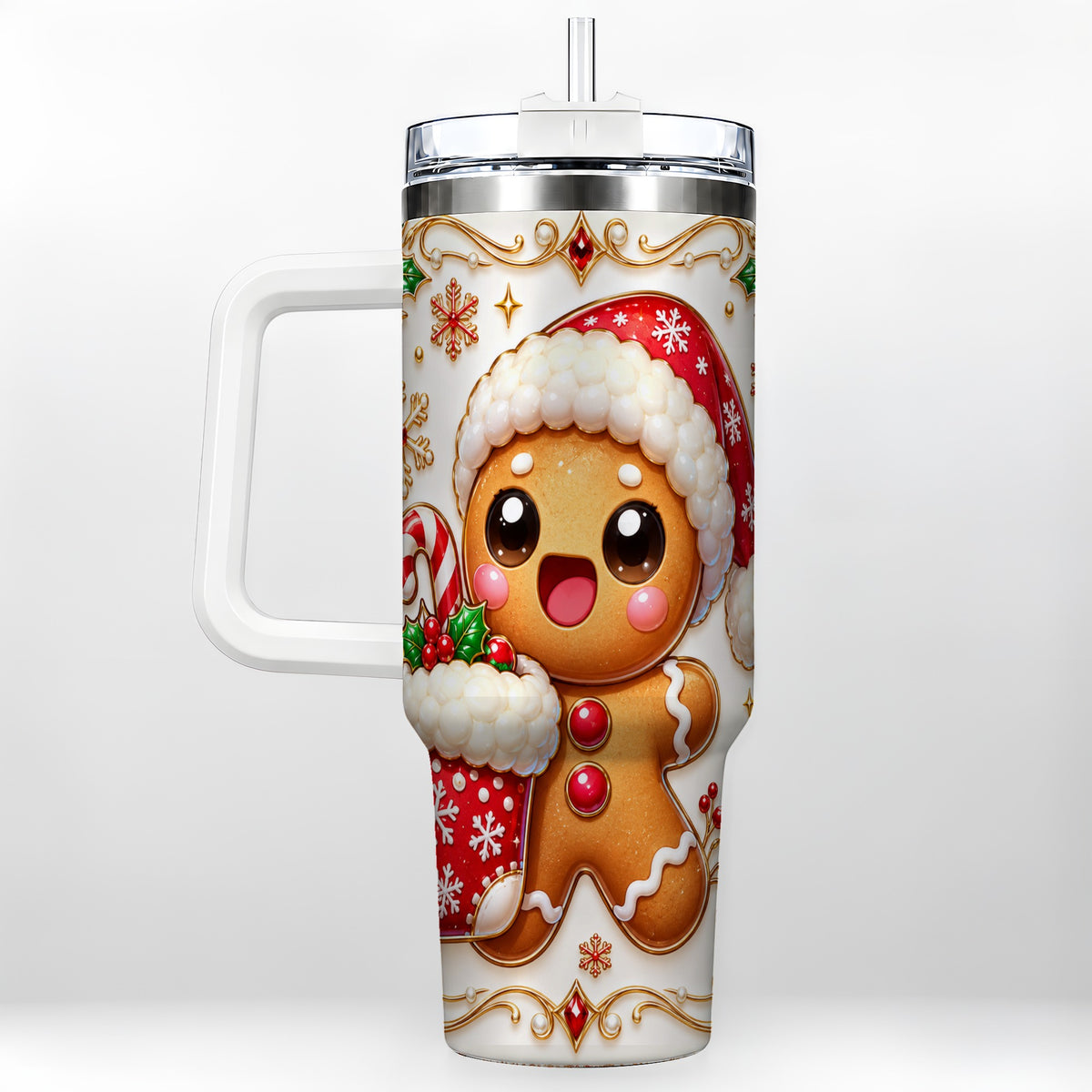 Stocking Gingerbread 40oz Tumbler with Handle, Christmas Travel Cup