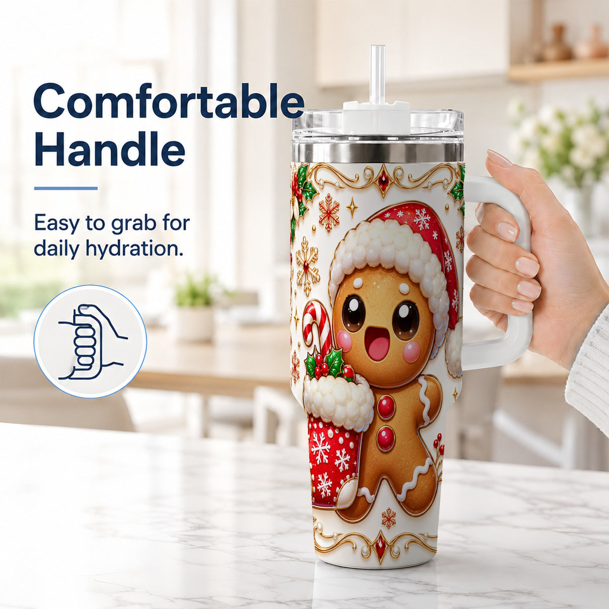 #pl[40oz|White] Stocking Gingerbread 40oz Tumbler with Handle, Christmas Travel Cup