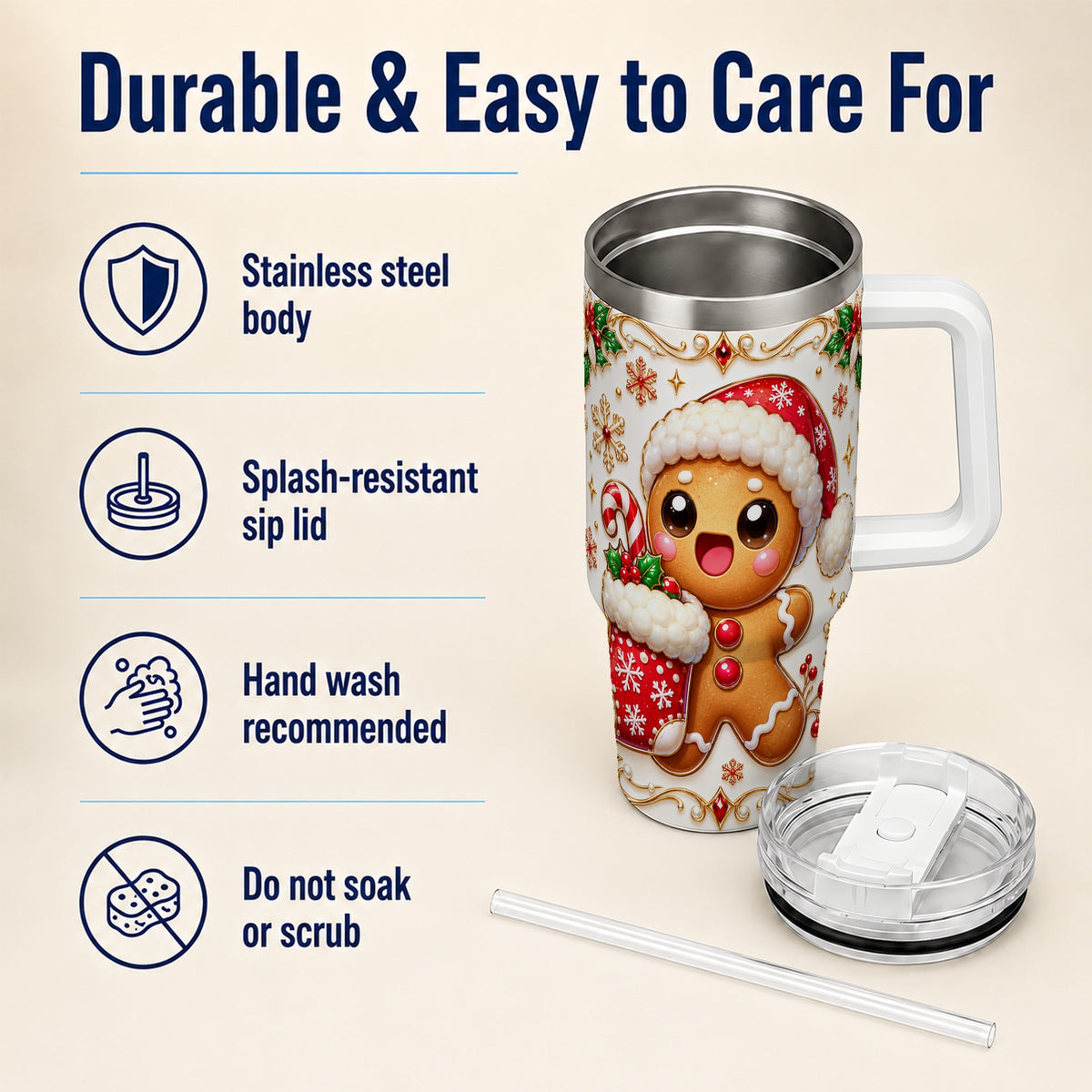 Stocking Gingerbread 40oz Tumbler with Handle, Christmas Travel Cup