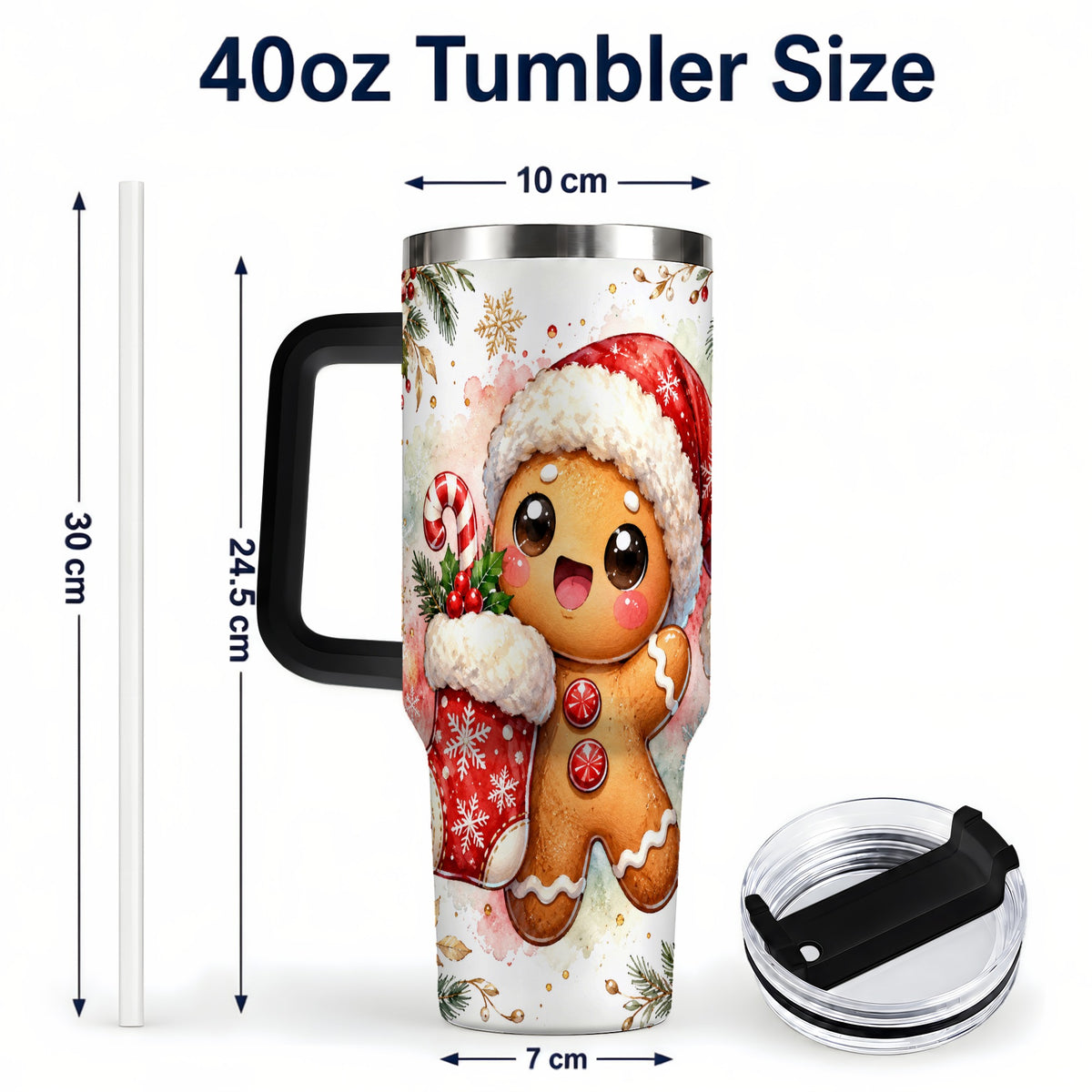 #pl[40oz|Black] Christmas Gingerbread 40oz Tumbler with Handle, Holiday Travel Cup
