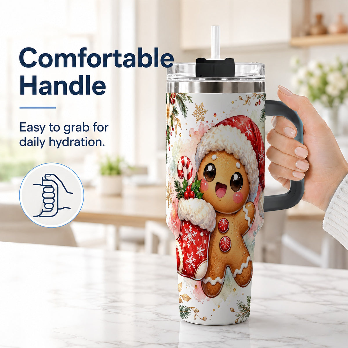 #pl[40oz|Black] Christmas Gingerbread 40oz Tumbler with Handle, Holiday Travel Cup