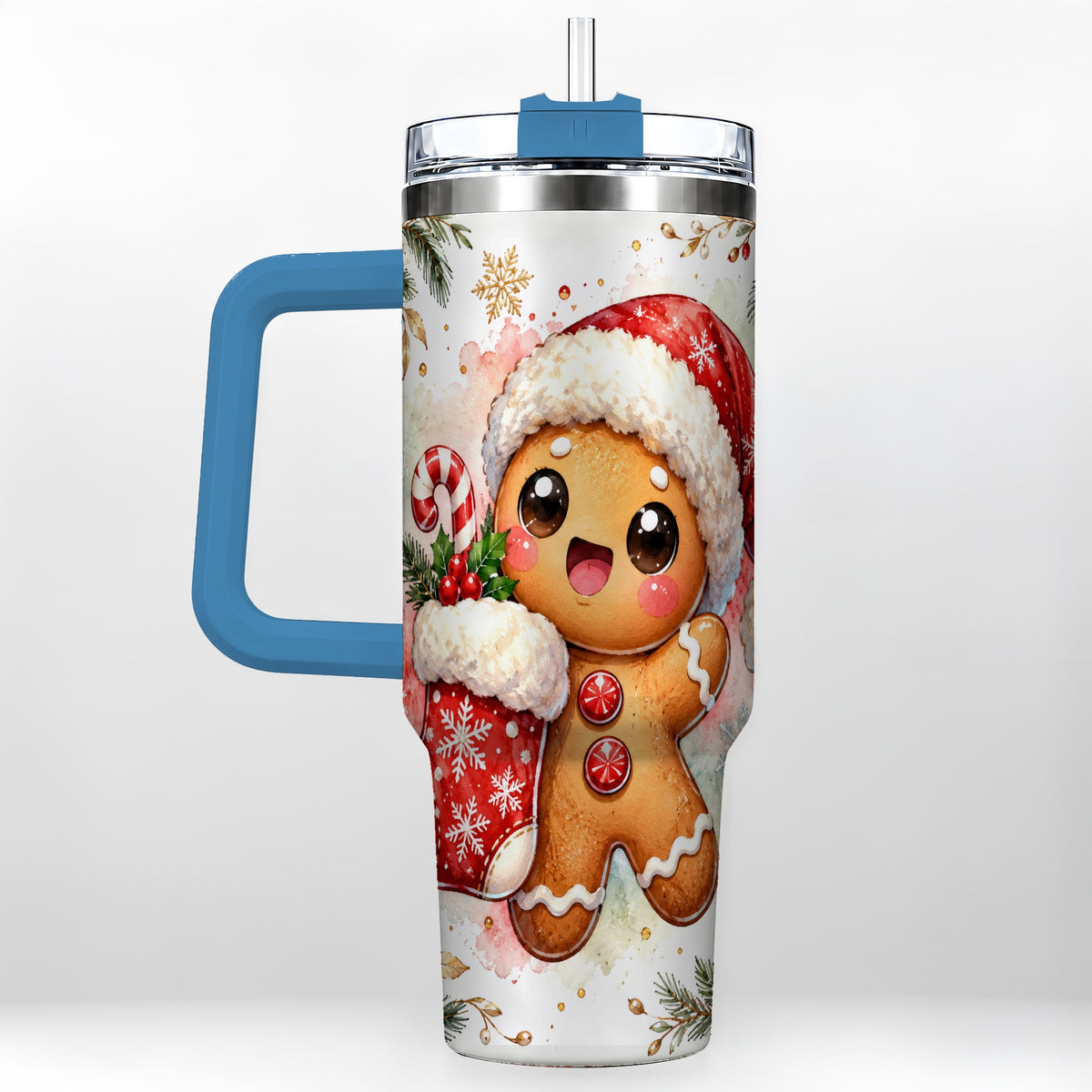 #pl[40oz|Blue] Christmas Gingerbread 40oz Tumbler with Handle, Holiday Travel Cup