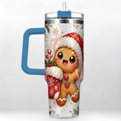 #pl[40oz|Blue] Christmas Gingerbread 40oz Tumbler with Handle, Holiday Travel Cup