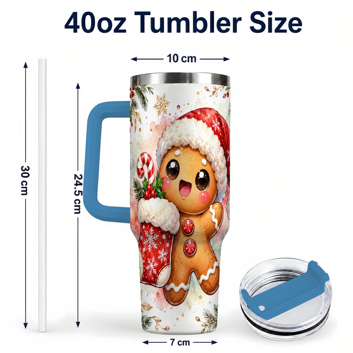 #pl[40oz|Blue] Christmas Gingerbread 40oz Tumbler with Handle, Holiday Travel Cup