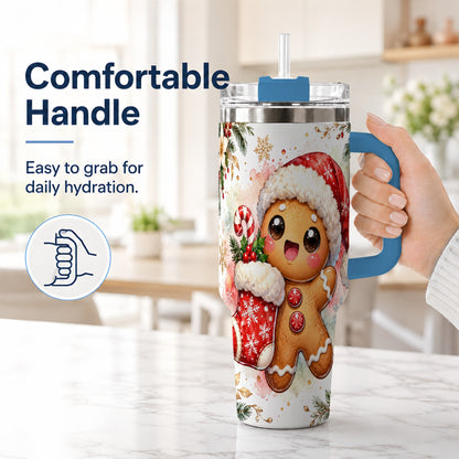 #pl[40oz|Blue] Christmas Gingerbread 40oz Tumbler with Handle, Holiday Travel Cup