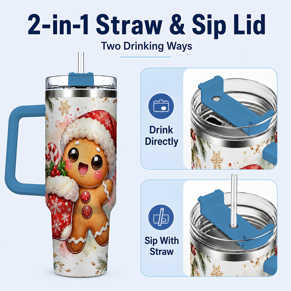 #pl[40oz|Blue] Christmas Gingerbread 40oz Tumbler with Handle, Holiday Travel Cup