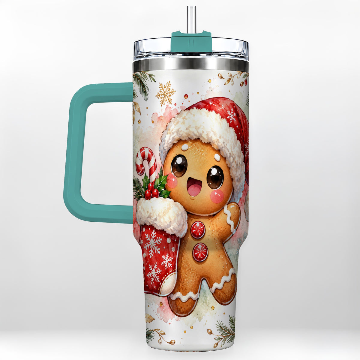 #pl[40oz|Green] Christmas Gingerbread 40oz Tumbler with Handle, Holiday Travel Cup