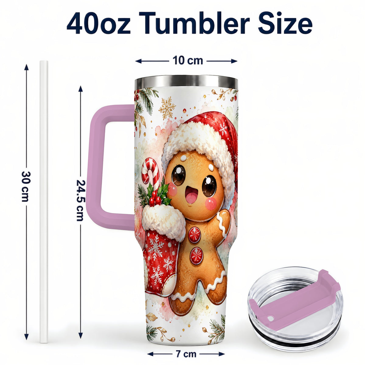 #pl[40oz|Pink] Christmas Gingerbread 40oz Tumbler with Handle, Holiday Travel Cup