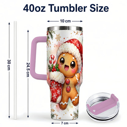 #pl[40oz|Pink] Christmas Gingerbread 40oz Tumbler with Handle, Holiday Travel Cup