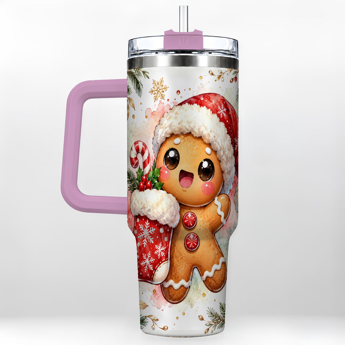 #pl[40oz|Pink] Christmas Gingerbread 40oz Tumbler with Handle, Holiday Travel Cup