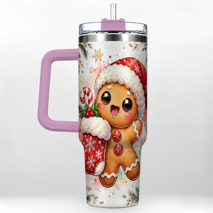 #pl[40oz|Pink] Christmas Gingerbread 40oz Tumbler with Handle, Holiday Travel Cup