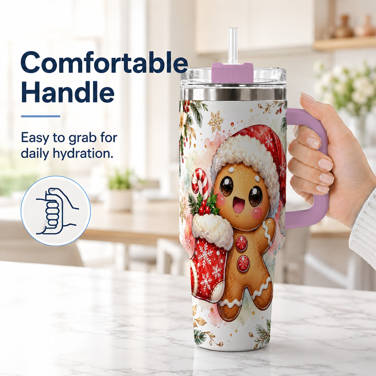 #pl[40oz|Pink] Christmas Gingerbread 40oz Tumbler with Handle, Holiday Travel Cup
