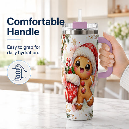 #pl[40oz|Pink] Christmas Gingerbread 40oz Tumbler with Handle, Holiday Travel Cup